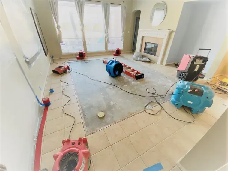 Air movers and dehumidifiers drying a Miami room